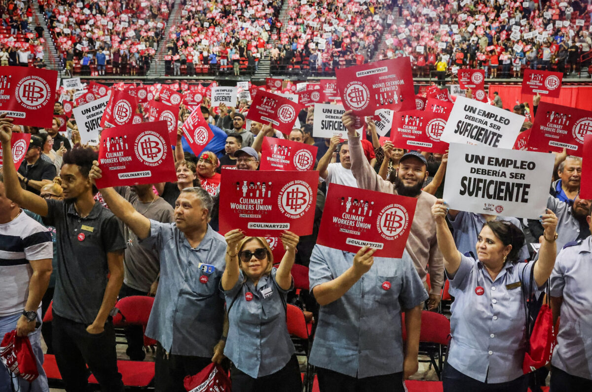 Members of the Culinary Union Local 226 and Bartenders Local 165 hold a strike vote while gathering at Thomas and Mack Arena.